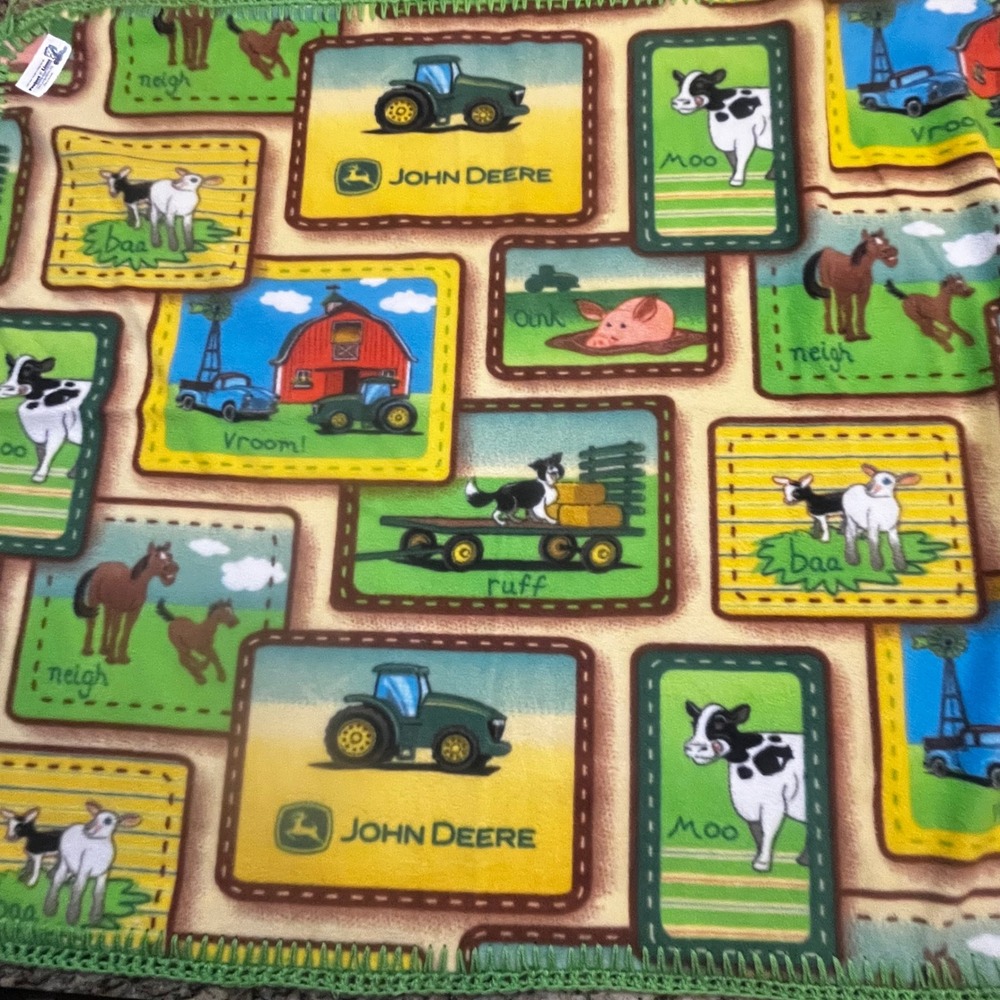 John Deere Farm Animals Fleece Baby Blanket Crochet Edge Green 36x44